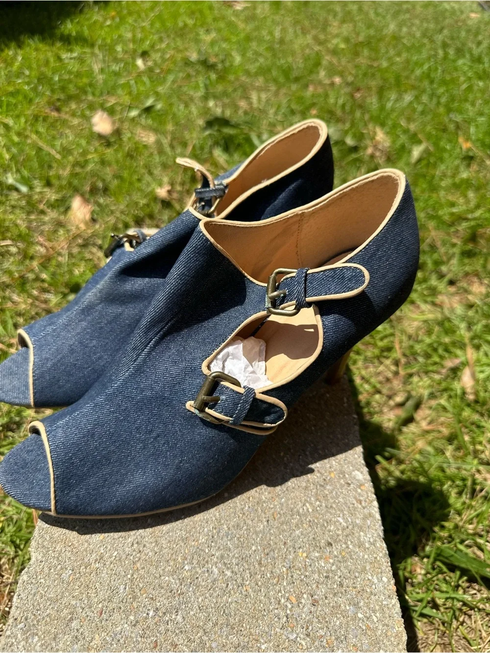 Avon Denim Peep-Toe Slingback Heels - Navy with Tan Trim